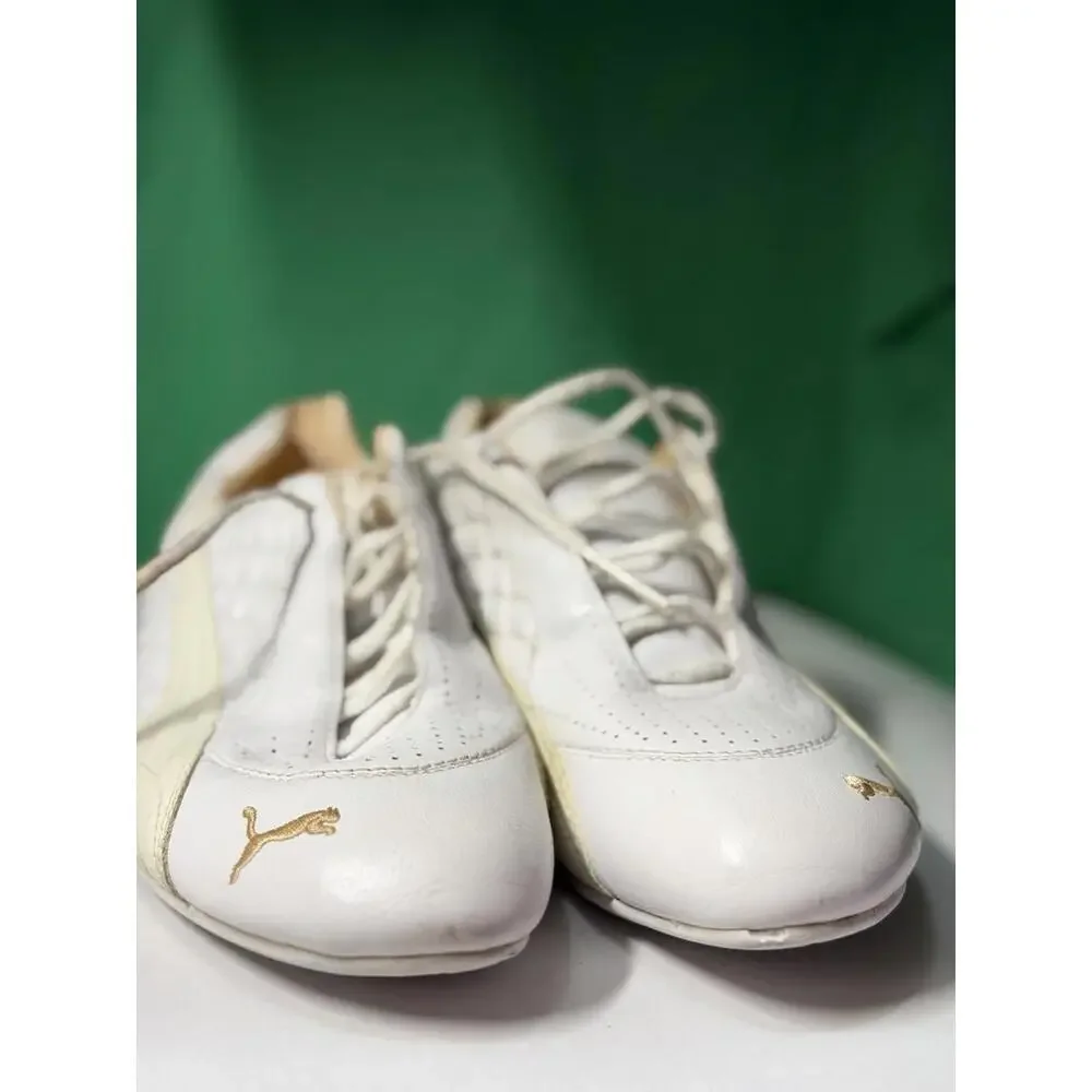 PUMA White Leather Sneakers Women US 6 EU 36‎ Gold Logo Lace Up